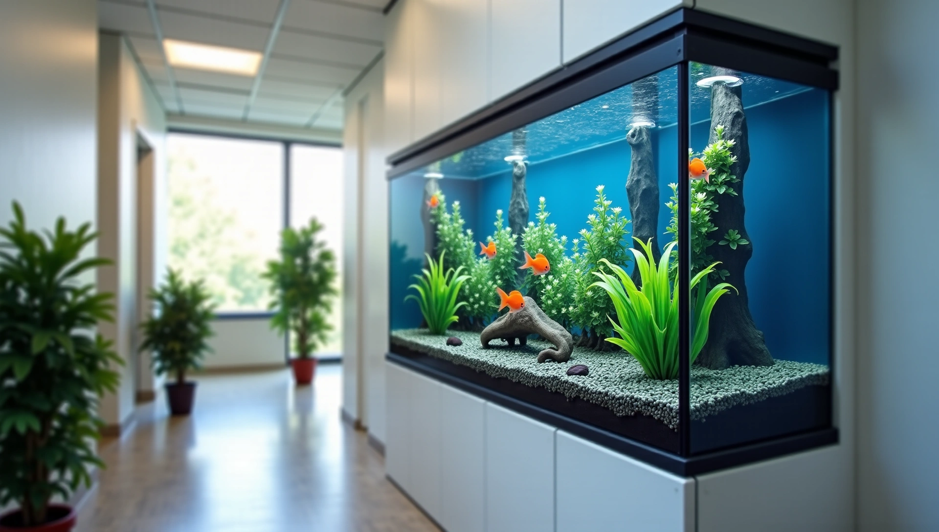 Clean, modern office space with a large, well-maintained aquarium in the background, showcasing vibrant aquatic life and professional aesthetics.