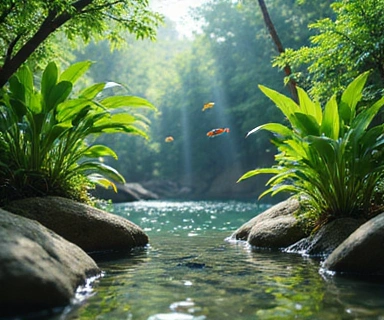 A serene freshwater aquarium with lush green plants and colorful guppies swimming gracefully.