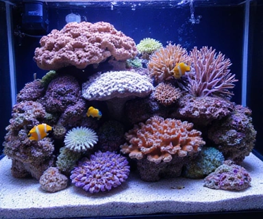 A vibrant saltwater reef aquarium teeming with colorful corals and tropical marine fish like clownfish and tangs.