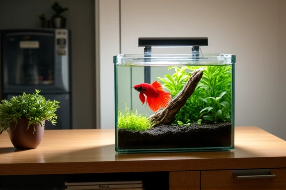 A small, elegant nano aquarium on a modern desk, featuring a single betta fish.