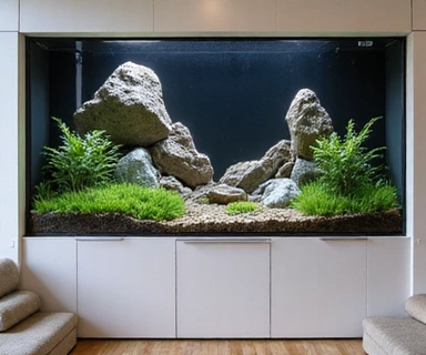 A sleek, modern custom-built aquarium integrated into a wall, showcasing a unique aquascape design.