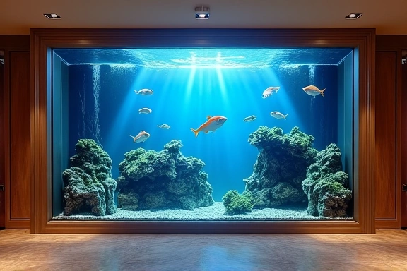 An impressive large display aquarium in a luxurious commercial lobby, filled with exotic fish.