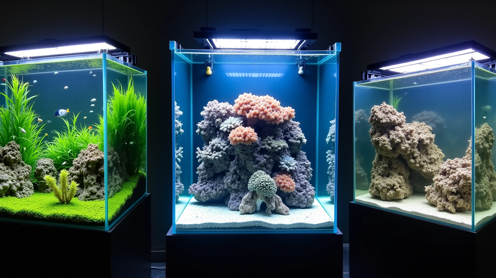Diverse collection of beautiful aquariums in different styles, showcasing freshwater, saltwater, and planted setups.