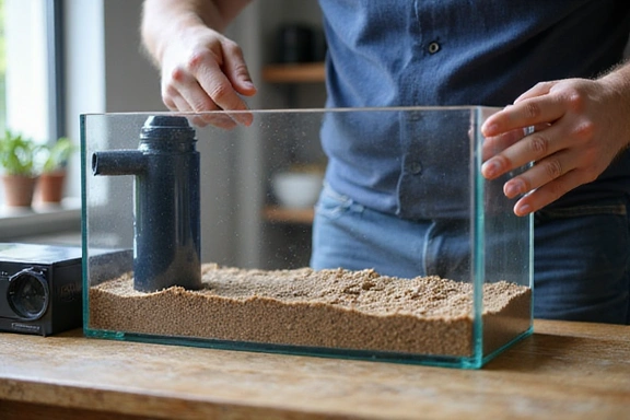 Aquarist demonstrating proper tank setup with equipment