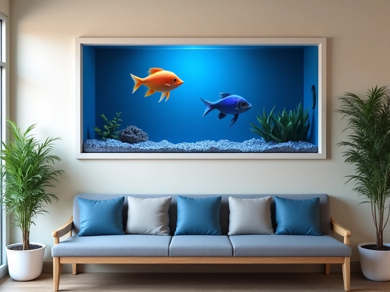 Custom wall-mounted aquarium in a medical waiting room, providing a calming view with slow-moving discus fish.