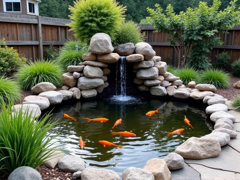 Large custom outdoor pond-style aquarium with a waterfall feature, home to koi carp and aquatic plants.