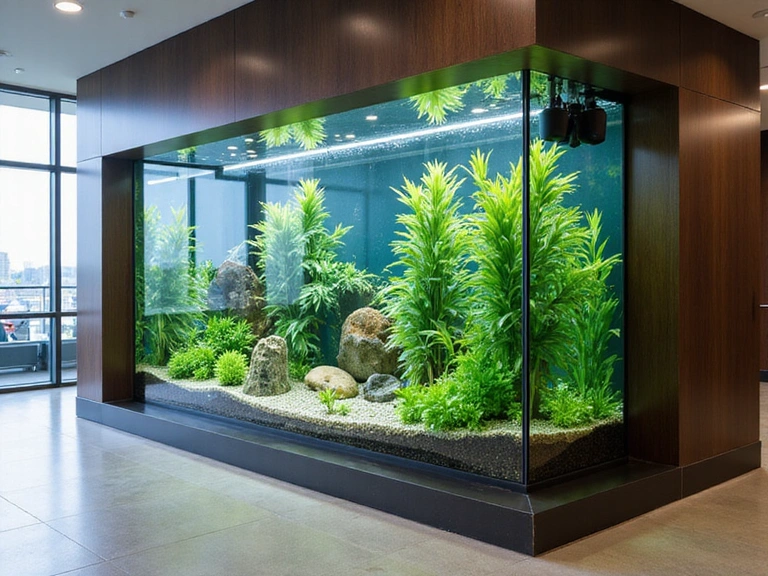 Large custom built-in freshwater aquarium in a modern office lobby, showcasing lush green plants and colorful schooling fish.