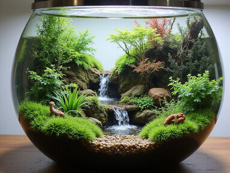 Unique custom terrarium-aquarium hybrid (paludarium) featuring both aquatic and semi-aquatic life, lush vegetation, and a miniature waterfall.