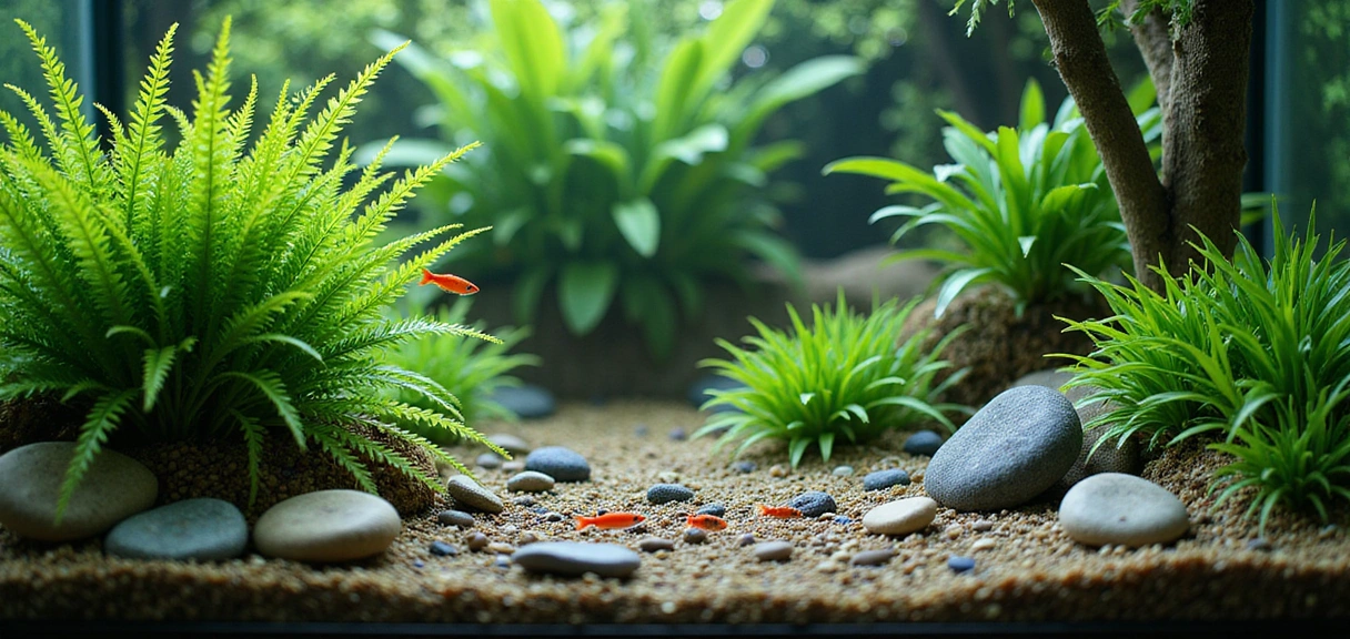 A serene freshwater aquarium with colorful fish and lush green plants, illuminated by soft light.