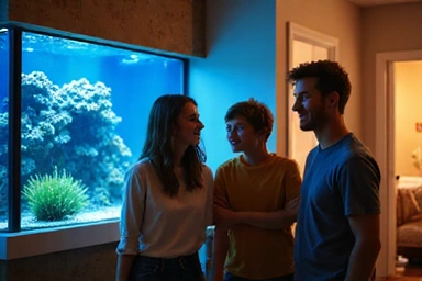 Happy family admiring a newly installed aquarium