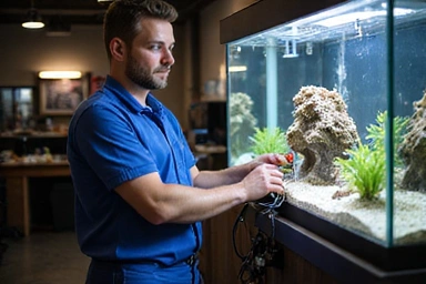 Technician checking electrical connections near an aquarium