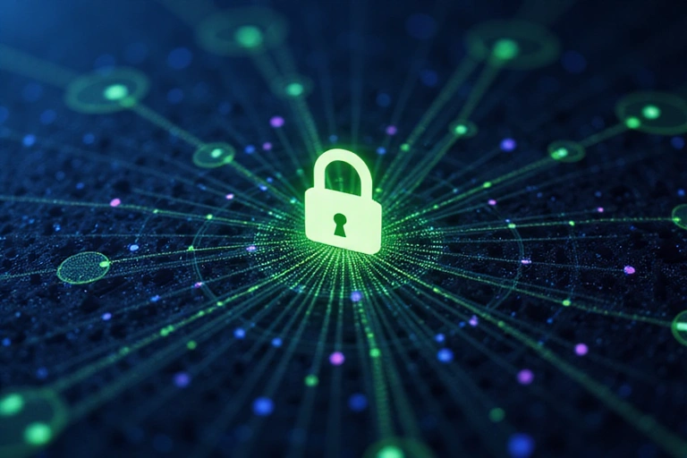 Abstract representation of secure data transfer with padlock and network lines