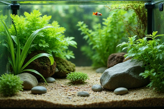 Freshwater aquarium setup with plants and small fish