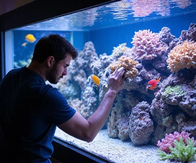 Aquarium maintenance expert cleaning a coral reef tank