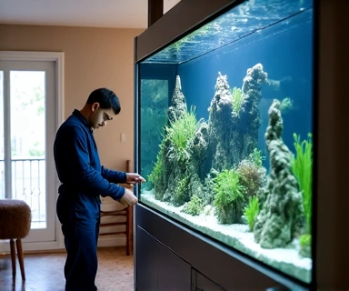 Aquarium installation technician setting up a new large tank