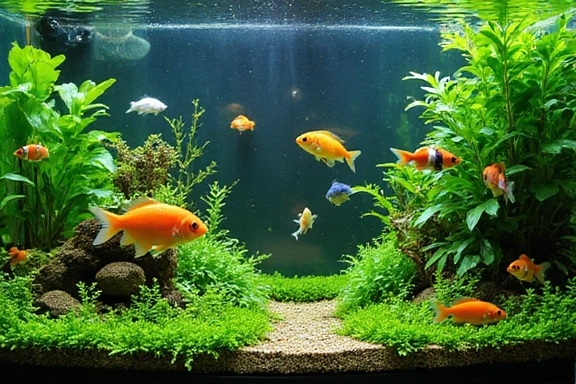 Healthy, vibrant freshwater aquarium with diverse fish and plants