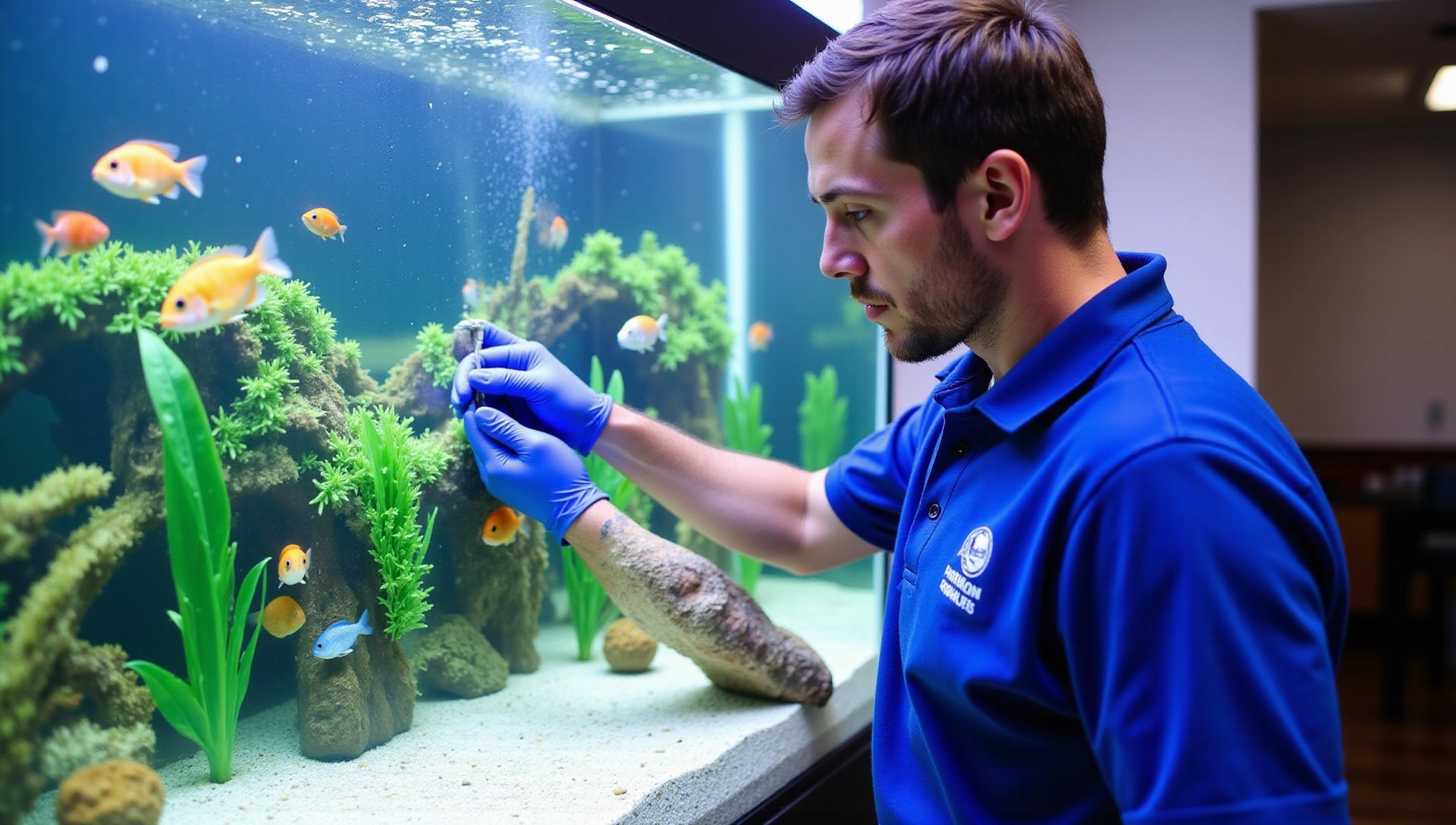 Professional aquarist performing maintenance on a large aquarium, ensuring pristine water quality