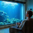 Relaxed person observing a beautiful, healthy aquarium